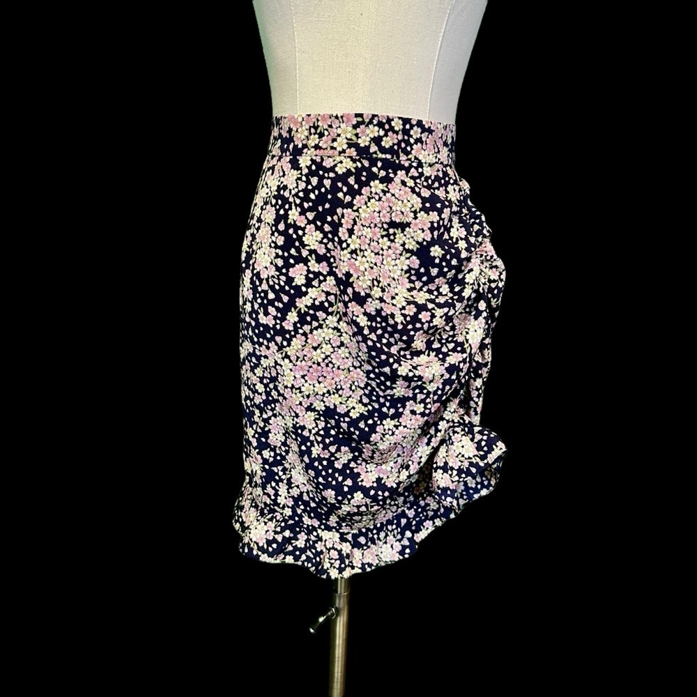 Nwt Naya Rea Navy Blue & Pink Floral Print Gathered Side Skirt W/ Ruffle Hem 14